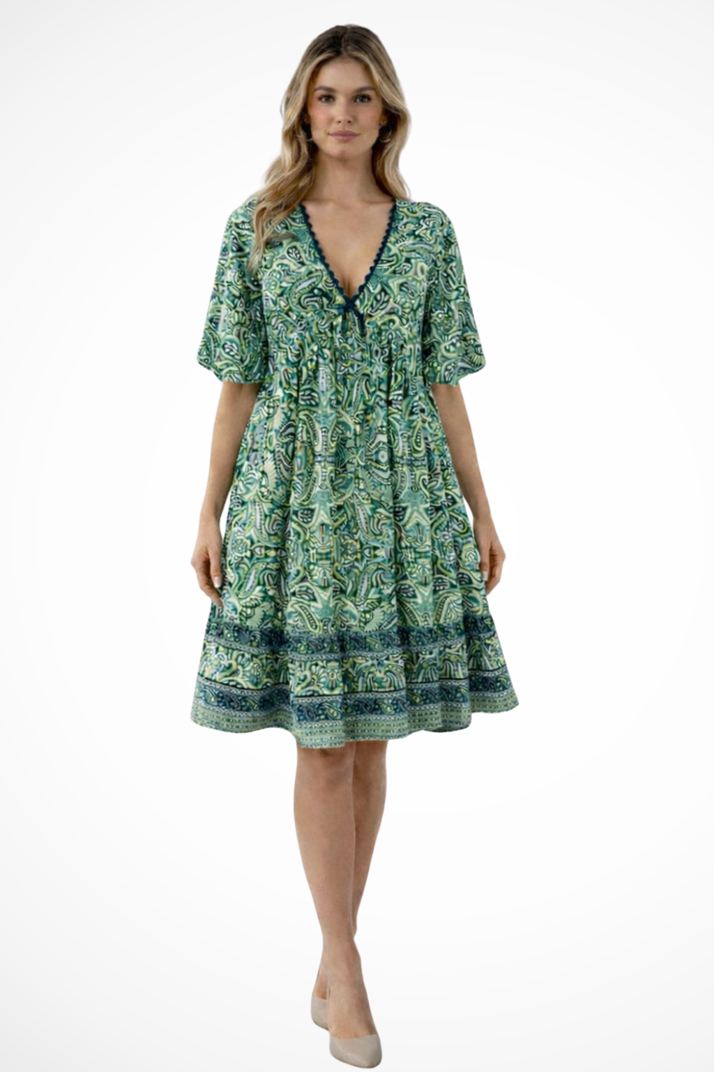 Womens Boho Print Midi Summer Dress V Neck Four Color
