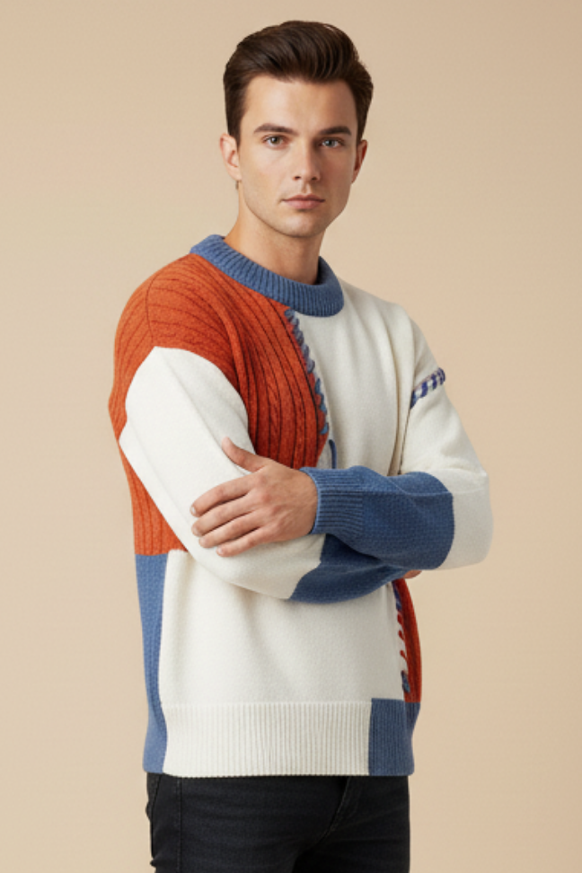 Fall Patchwork Knit Sweater — Textured Cable Stitch Pullover
