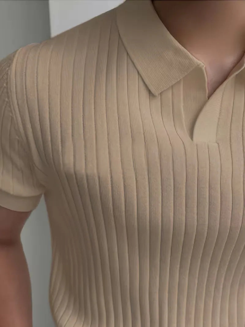 Mens V Neck Ribbed Texture Polo
