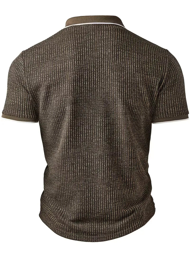 Mens V Neck Zip Polo Ribbed Texture
