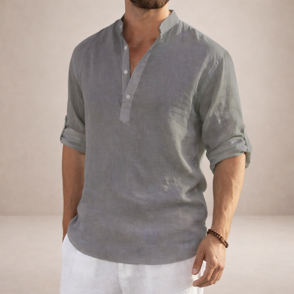 Men's Linen Shirt Regular Fit Breathable Stand-Up Collar Long Sleeves
