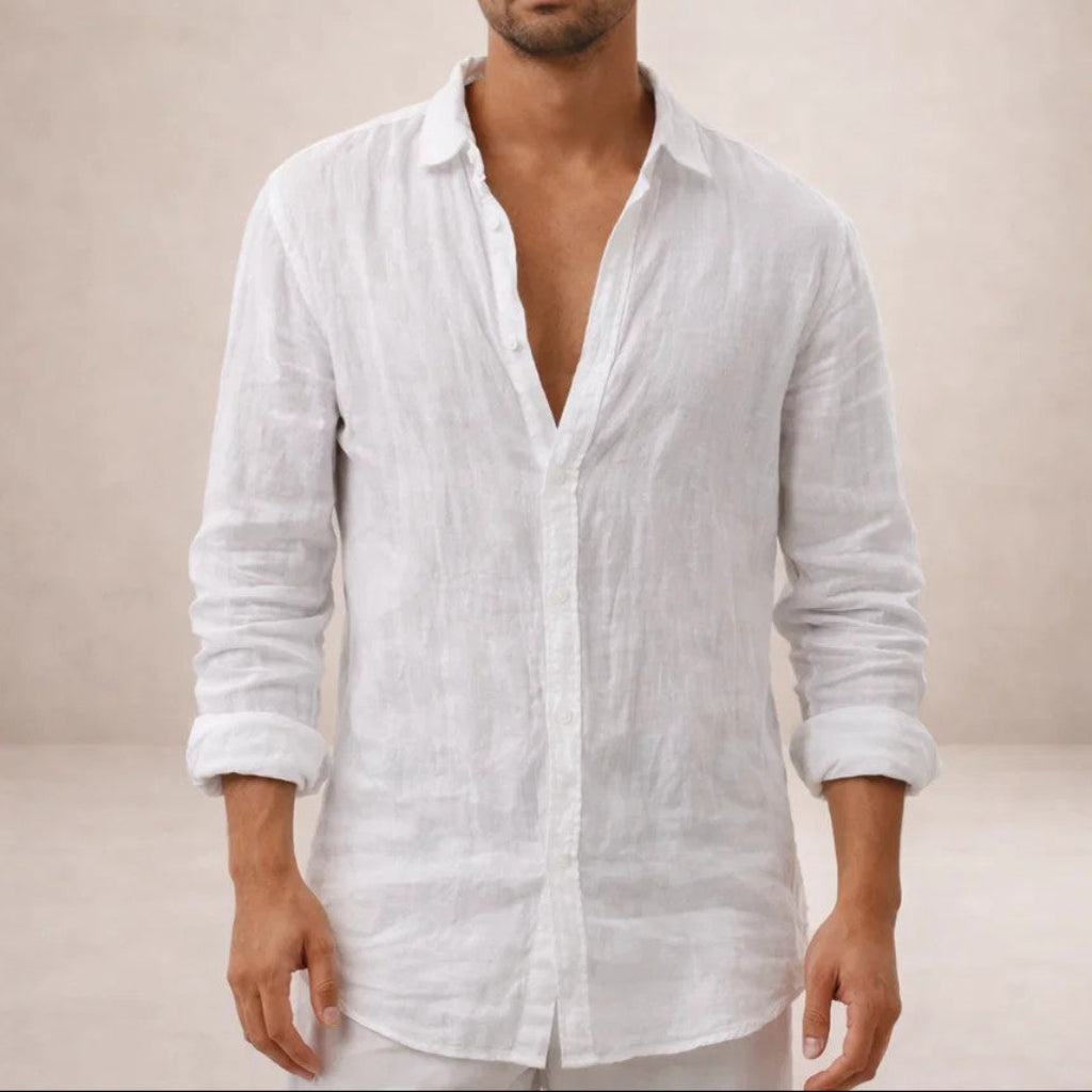 Mens Linen Shirt Open Collar Long Sleeve Regular Fit