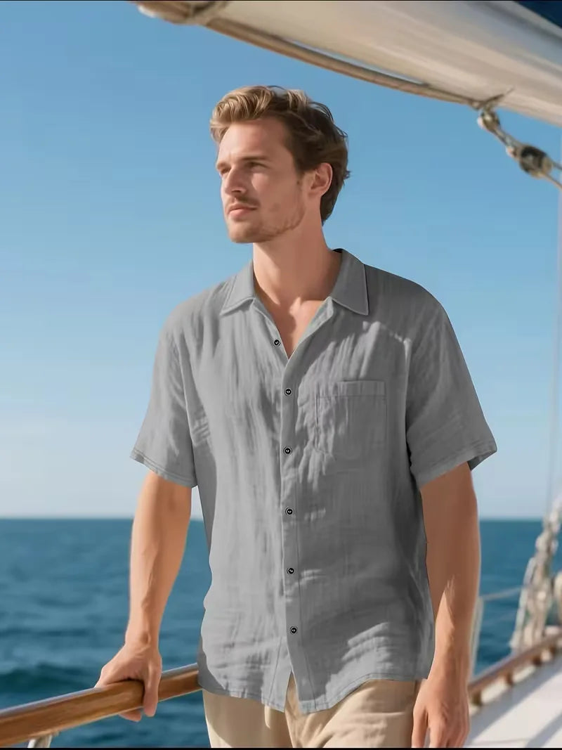 Mens Short Sleeve Linen Shirt Chest Pocket