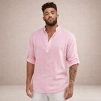 Men's Linen Shirt Regular Fit Breathable Stand-Up Collar Long Sleeves