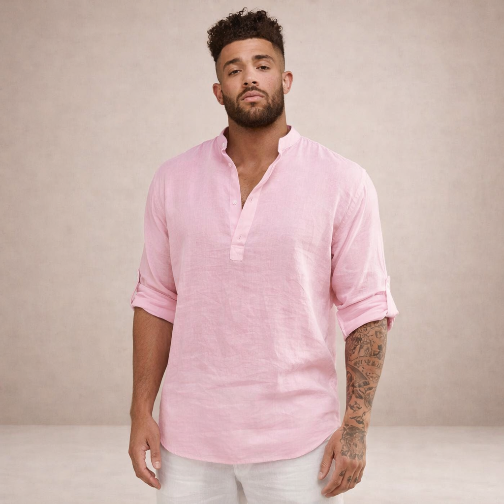 Men's Linen Shirt Regular Fit Breathable Stand-Up Collar Long Sleeves