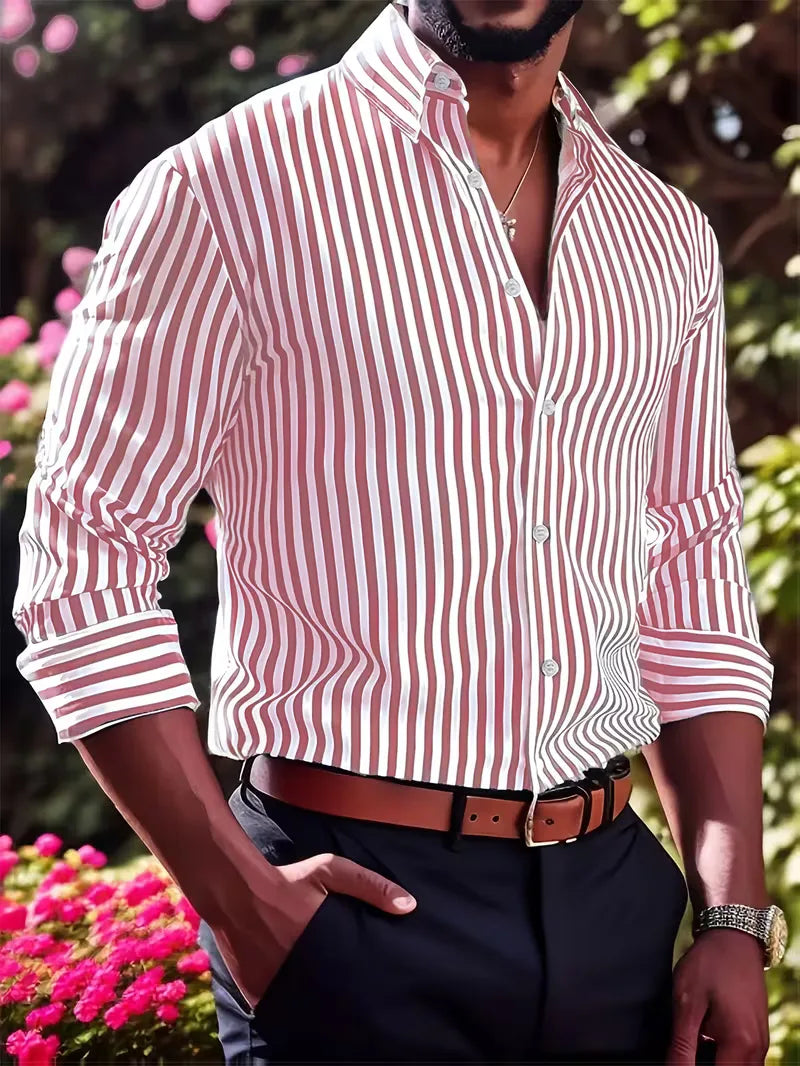 Mens Vertical Stripe Dress Shirt Mandarin Collar