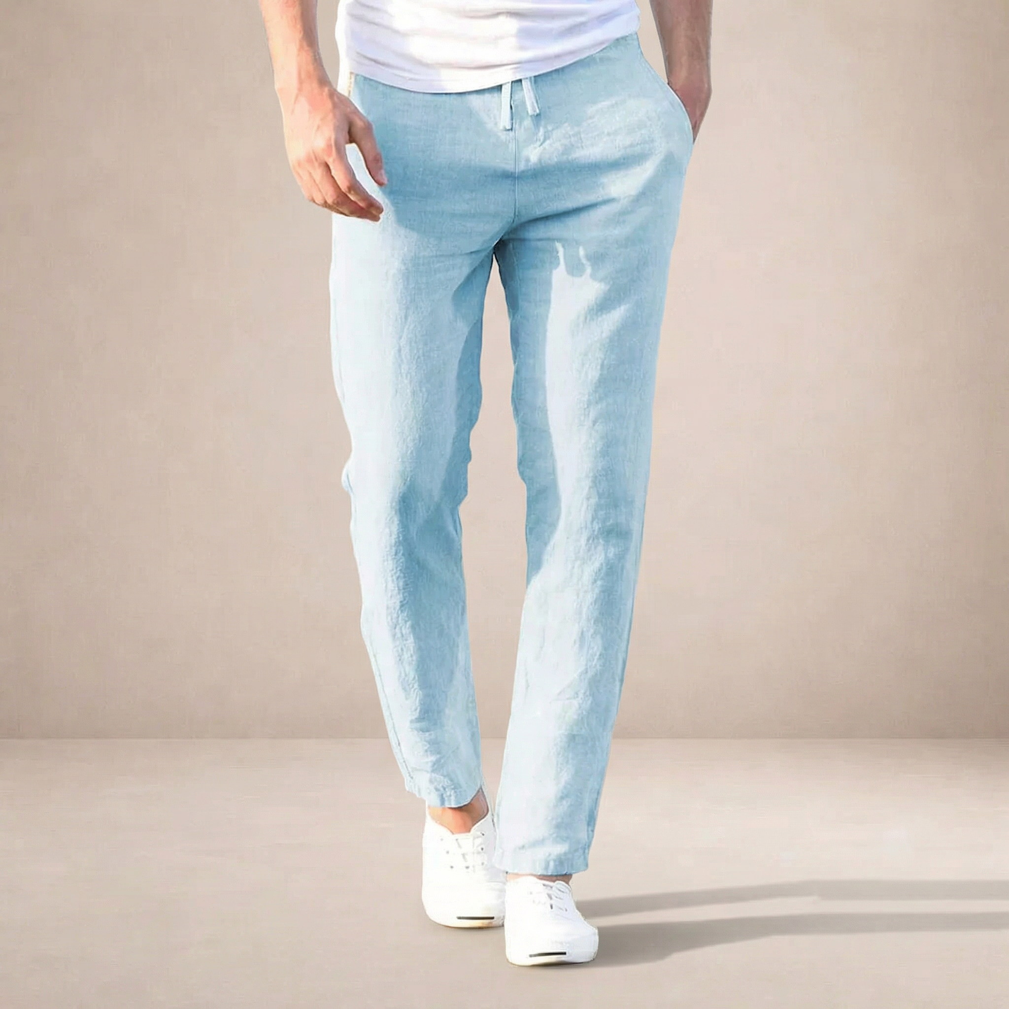 Men's Linen Summer Pants Regular Fit Breathable Fabric Elastic Waist