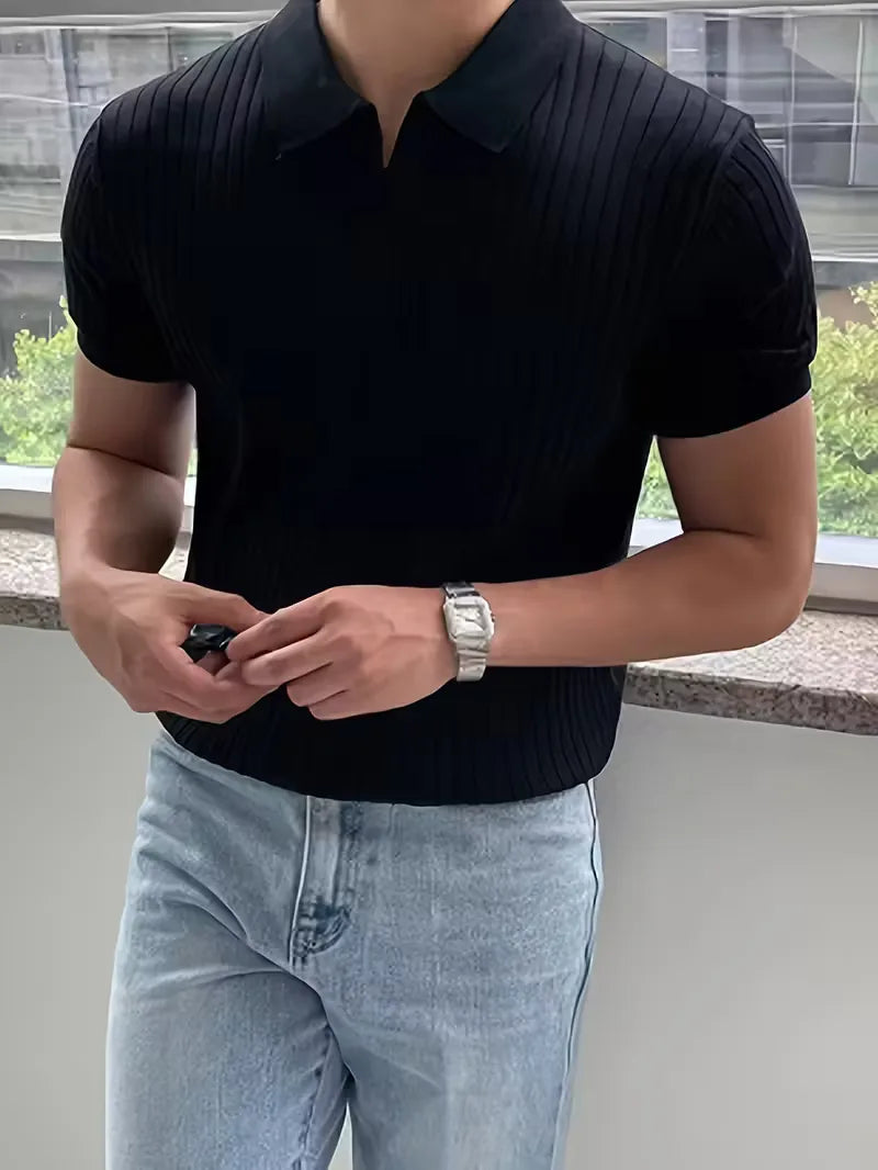 Mens V Neck Ribbed Texture Polo