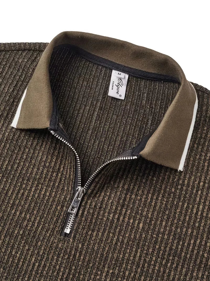 Mens V Neck Zip Polo Ribbed Texture