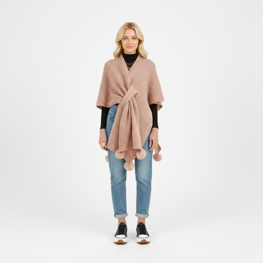 Fall Waffle-Knit Poncho Cardigan with Front Knot and Pompon