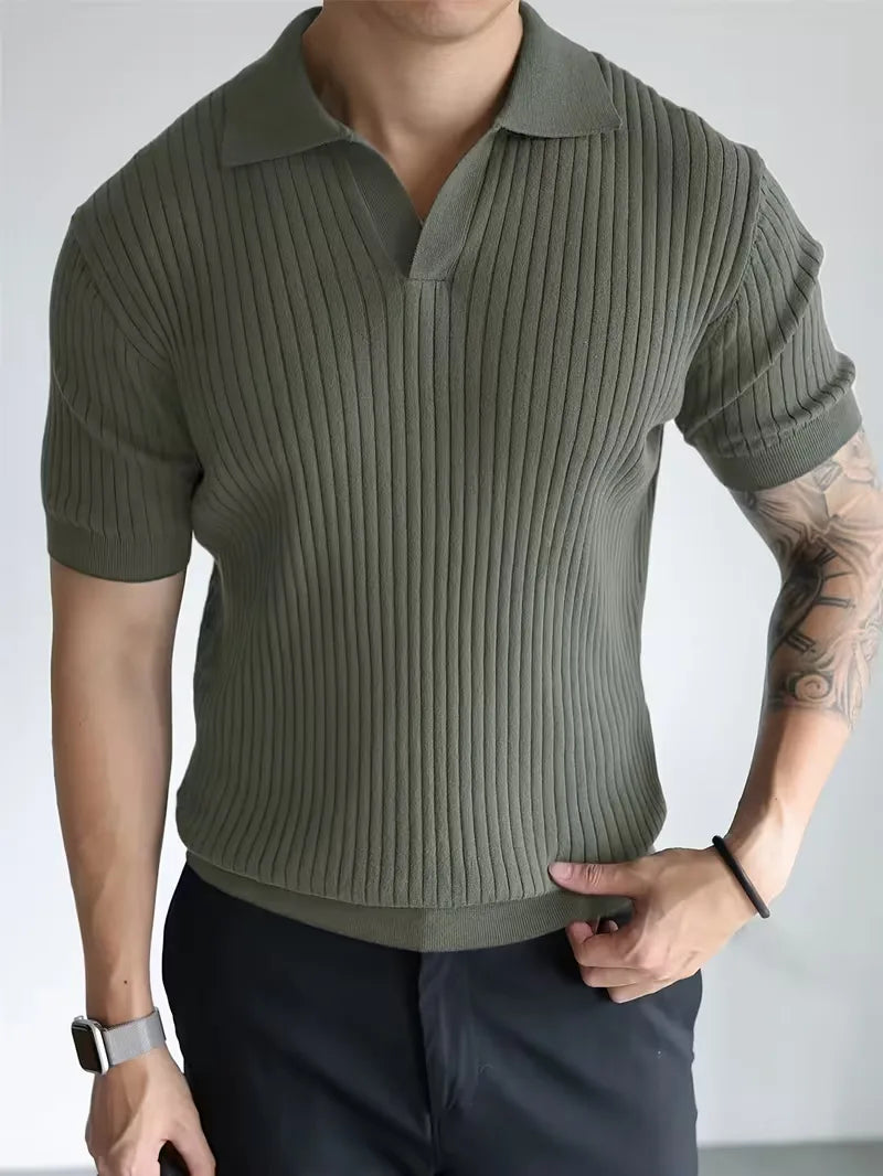 Mens V Neck Ribbed Texture Polo