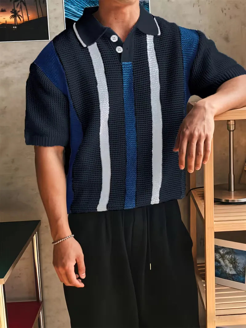 Mens Short Sleeve V Neck Striped Polo