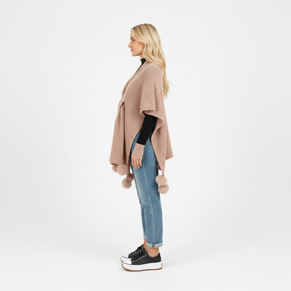 Fall Waffle-Knit Poncho Cardigan with Front Knot and Pompon