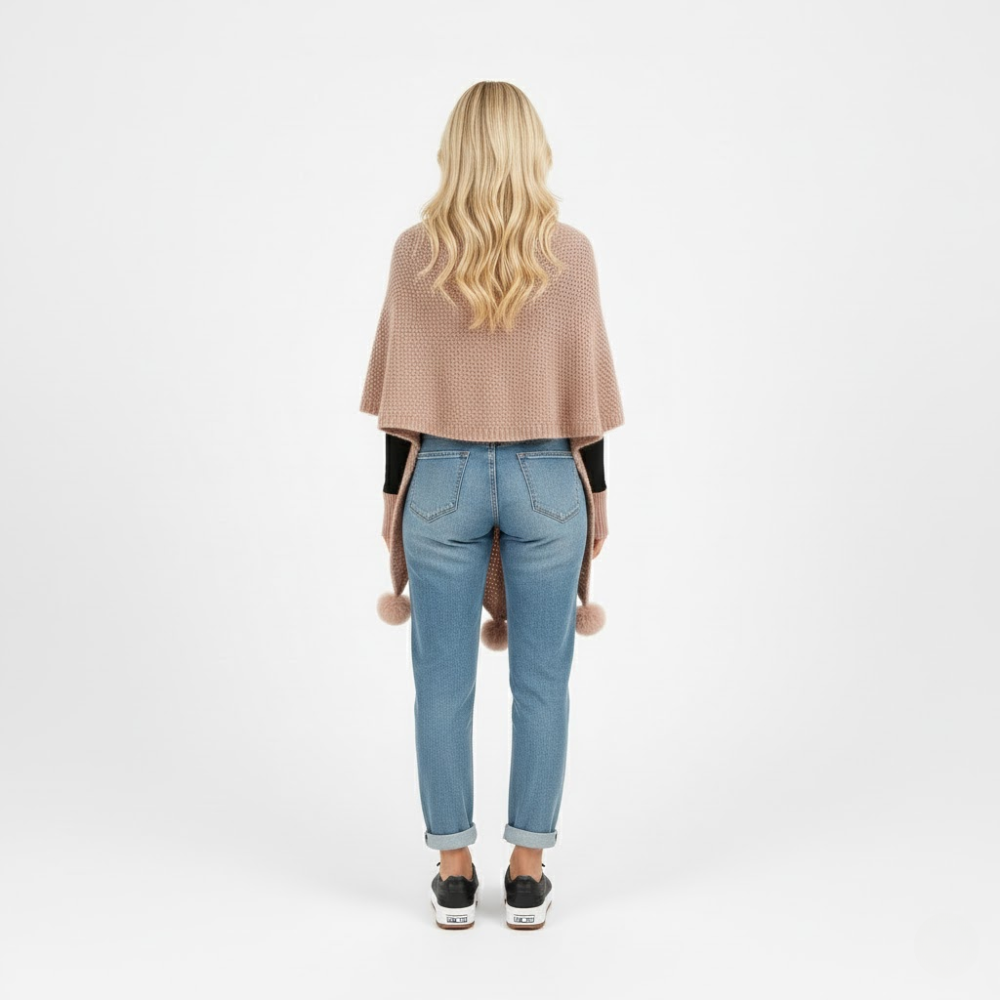 Fall Waffle-Knit Poncho Cardigan with Front Knot and Pompon