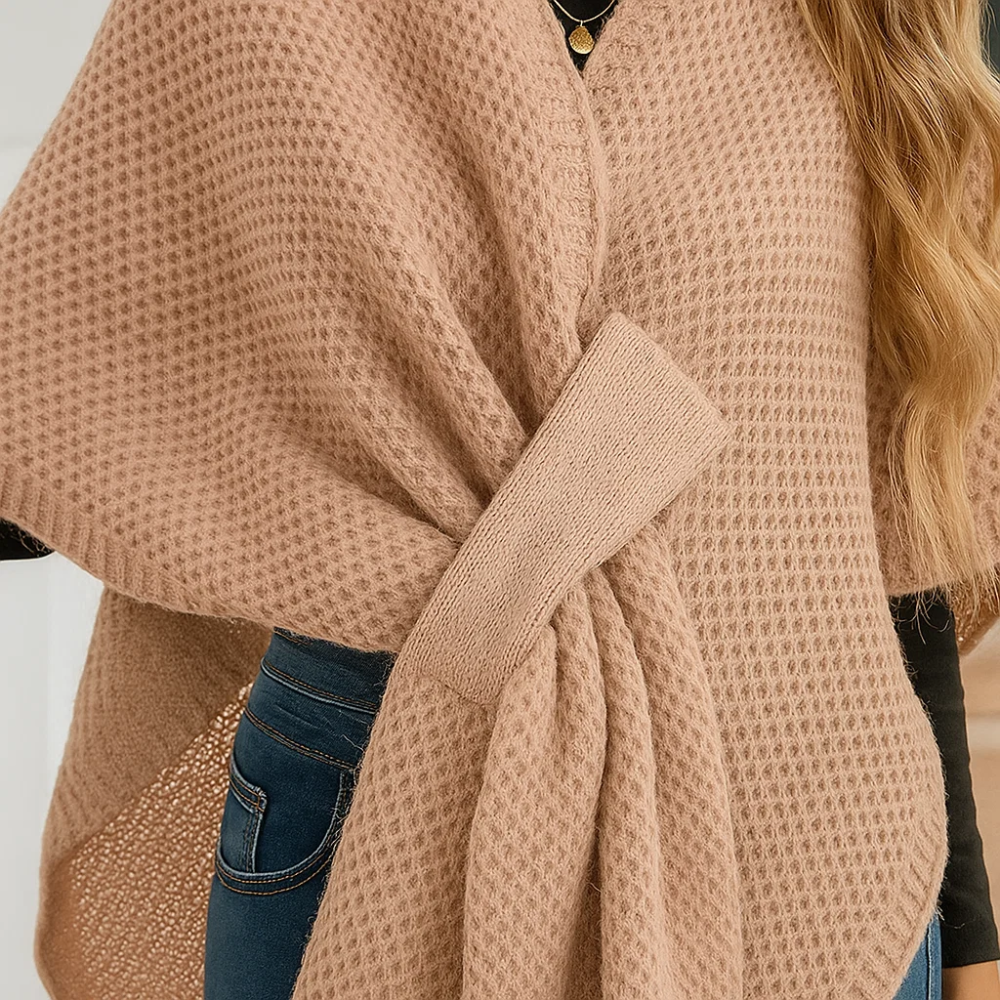 Fall Waffle-Knit Poncho Cardigan with Front Knot and Pompon