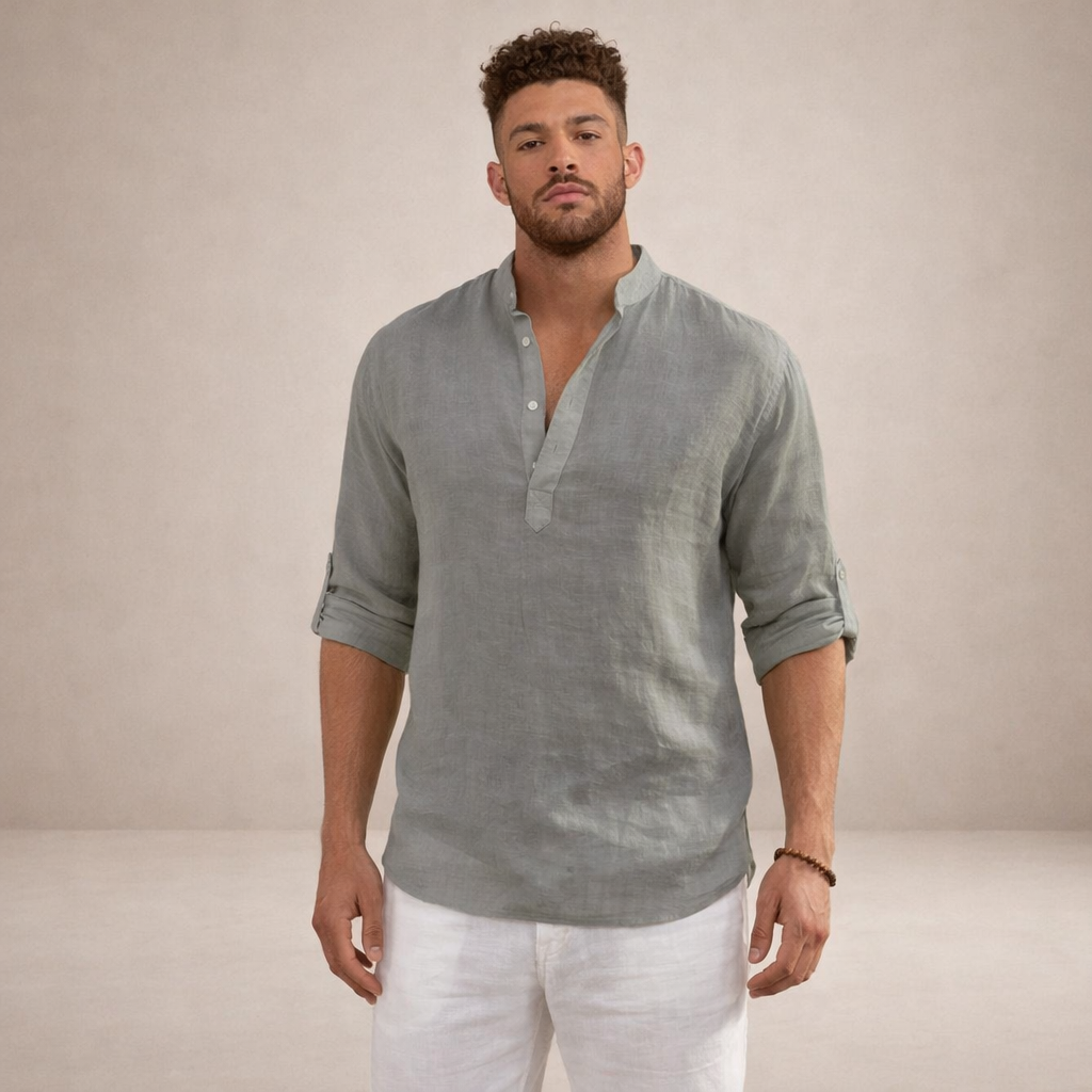 Men's Linen Shirt Regular Fit Breathable Stand-Up Collar Long Sleeves