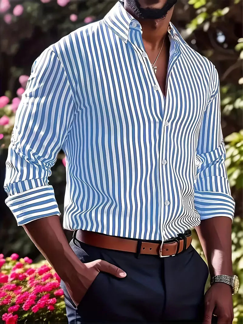 Mens Vertical Stripe Dress Shirt Mandarin Collar