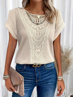 Round Neck Top Lace Trim Short Sleeve