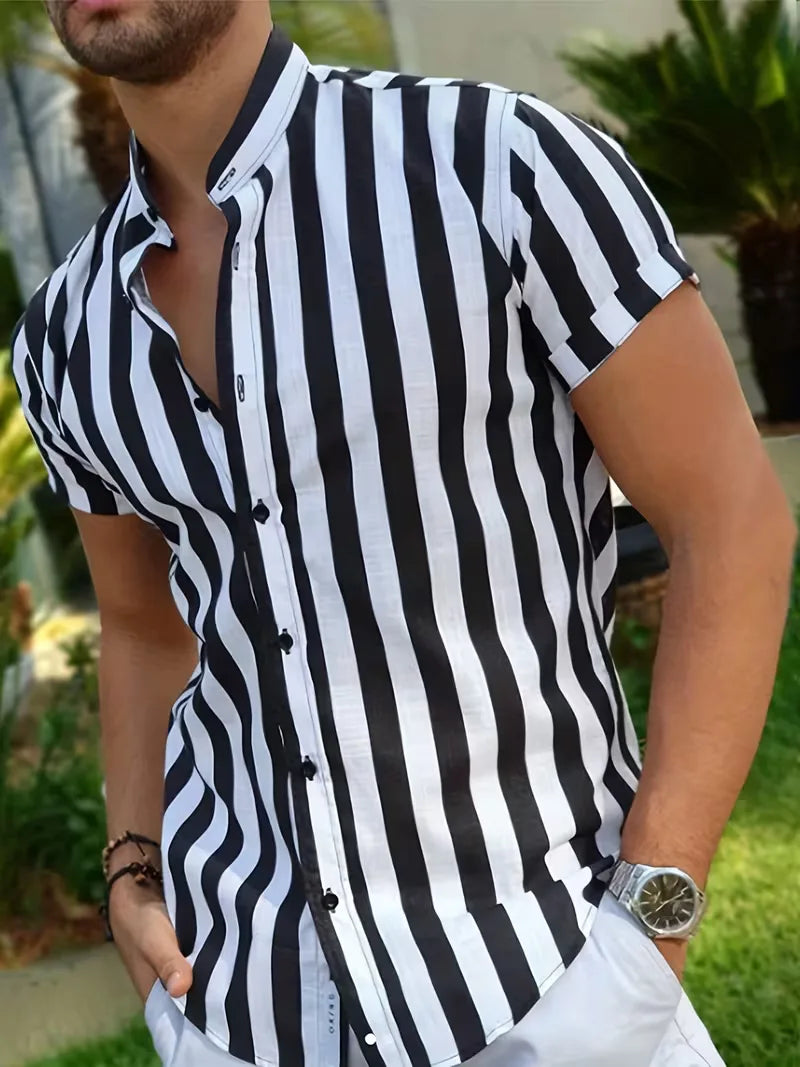 Mens Vertical Stripe Mandarin Collar Shirt