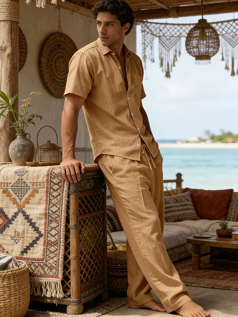 Mens Summer Linen Set Short Sleeve