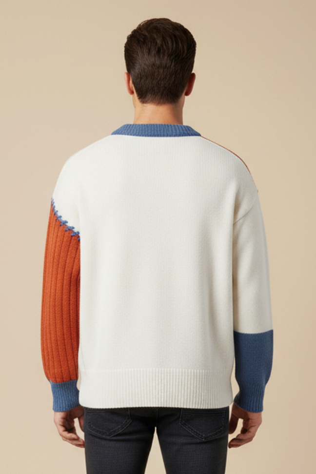 Fall Patchwork Knit Sweater — Textured Cable Stitch Pullover