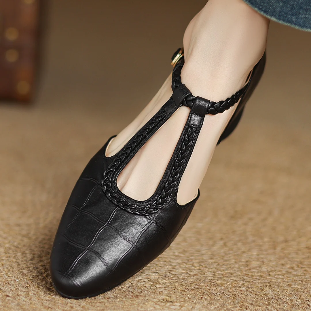 Leather Mary Jane Shoes Braided T-Strap Low Heel