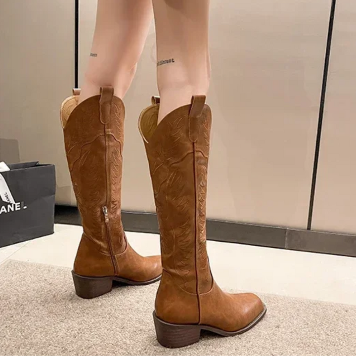 Knee High Western Cowboy Boots Block Heel Pointed Toe