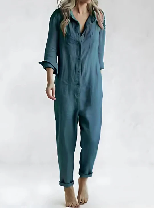 Cotton Linen Jumpsuit Button Front Pockets Vintage