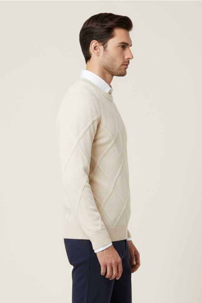 Fall Diamond Knit Cashmere Sweater — Classic Crew Neck Pullover for Layering