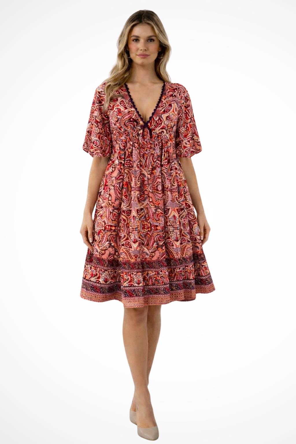 Womens Boho Print Midi Summer Dress V Neck Four Color