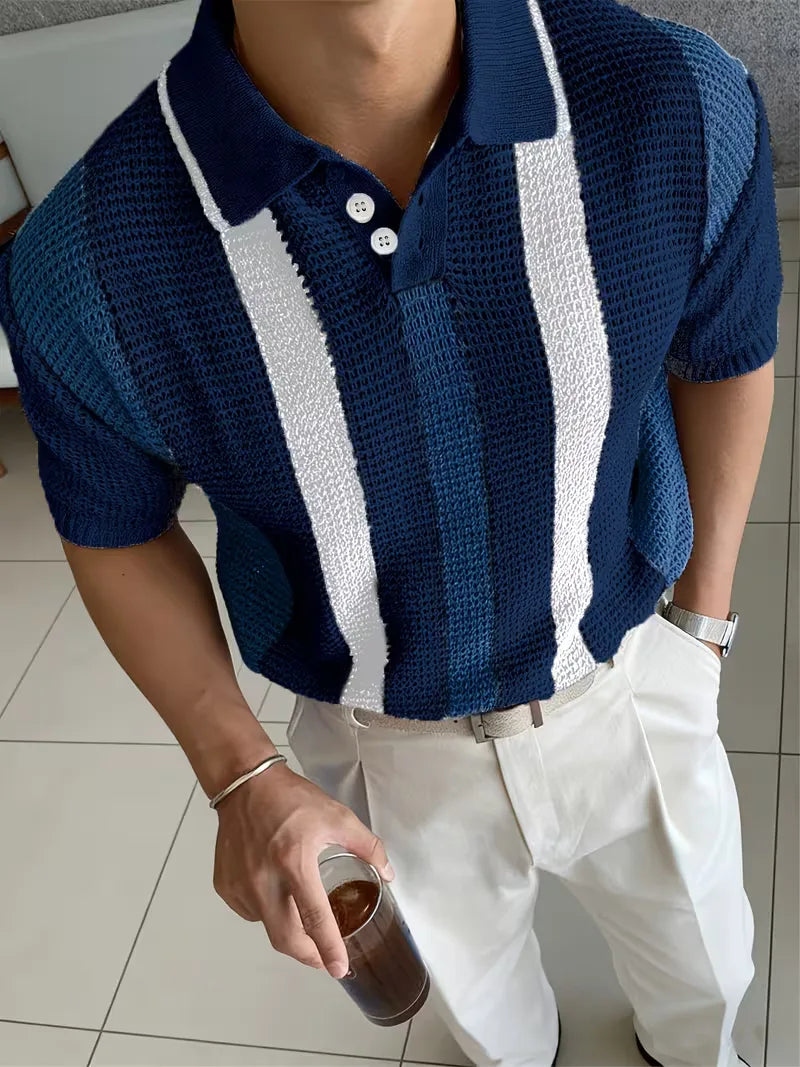 Mens Short Sleeve V Neck Striped Polo