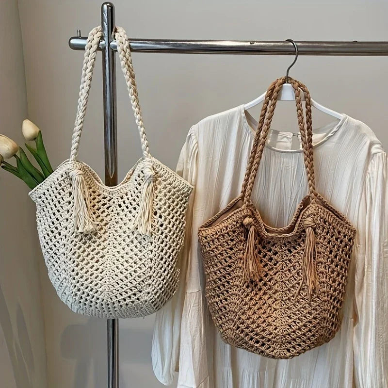 Womens Boho Shoulder Bag Woven Handles Two Color