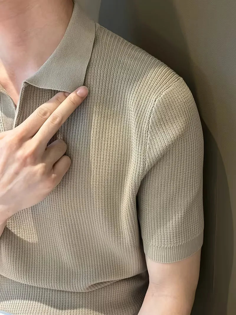 Mens V Neck Knitted Short Sleeve Polo
