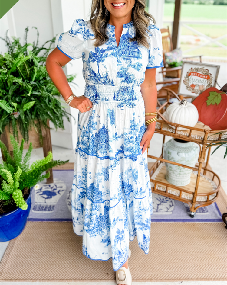 Toile Print Maxi Dress Tiered Smocked Waist