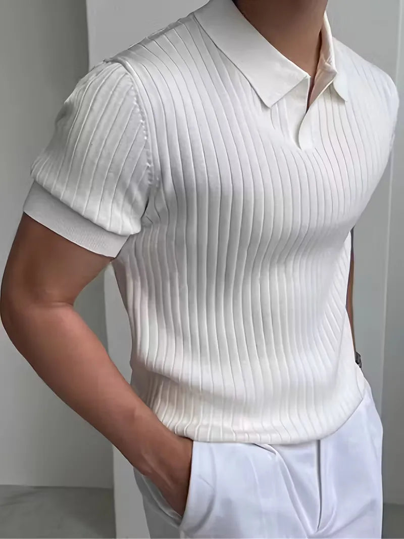 Mens V Neck Ribbed Texture Polo
