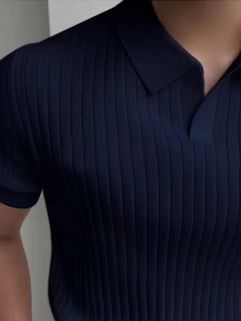 Mens V Neck Ribbed Texture Polo