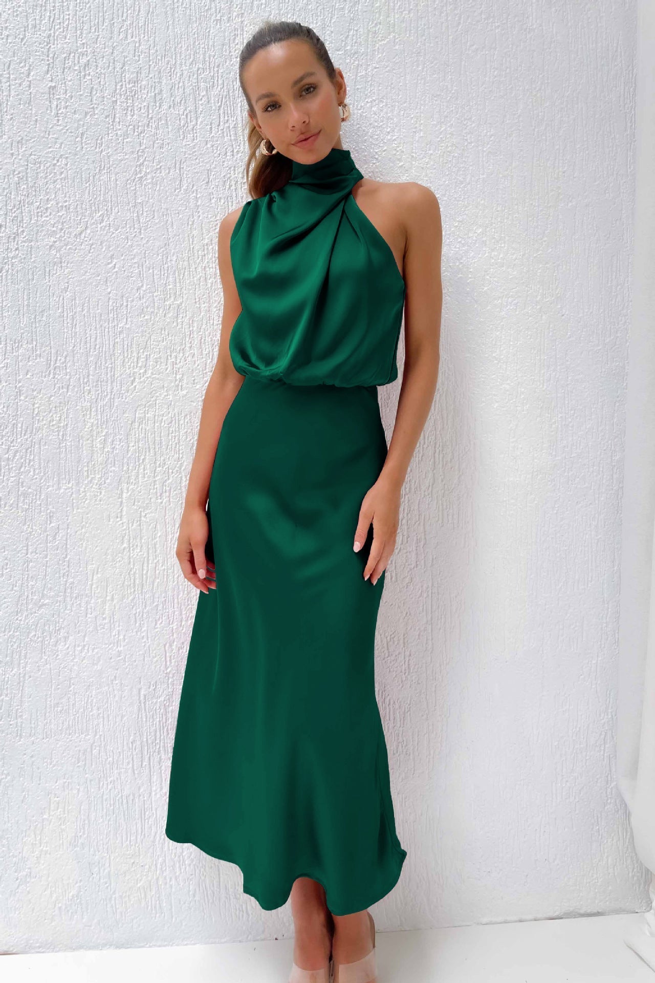 Womens Satin Halter Midi Dress