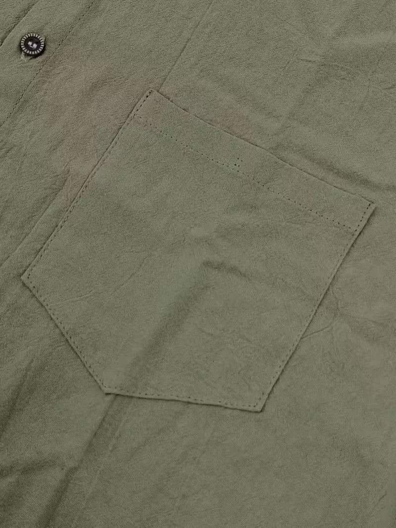 Mens Short Sleeve Linen Shirt Chest Pocket