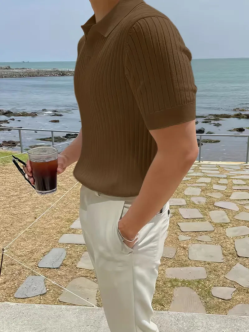 Mens V Neck Ribbed Texture Polo