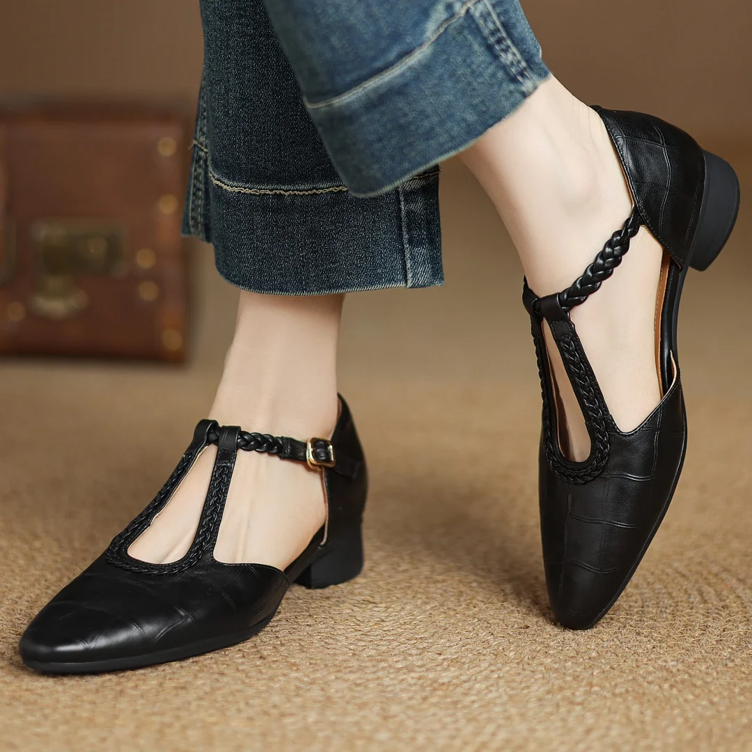 Leather Mary Jane Shoes Braided T-Strap Low Heel