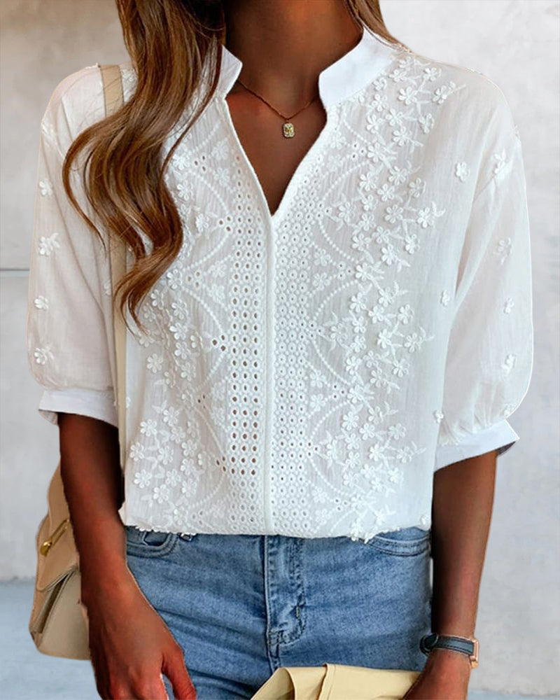 V-Neck Puff Sleeve Blouse Lightweight