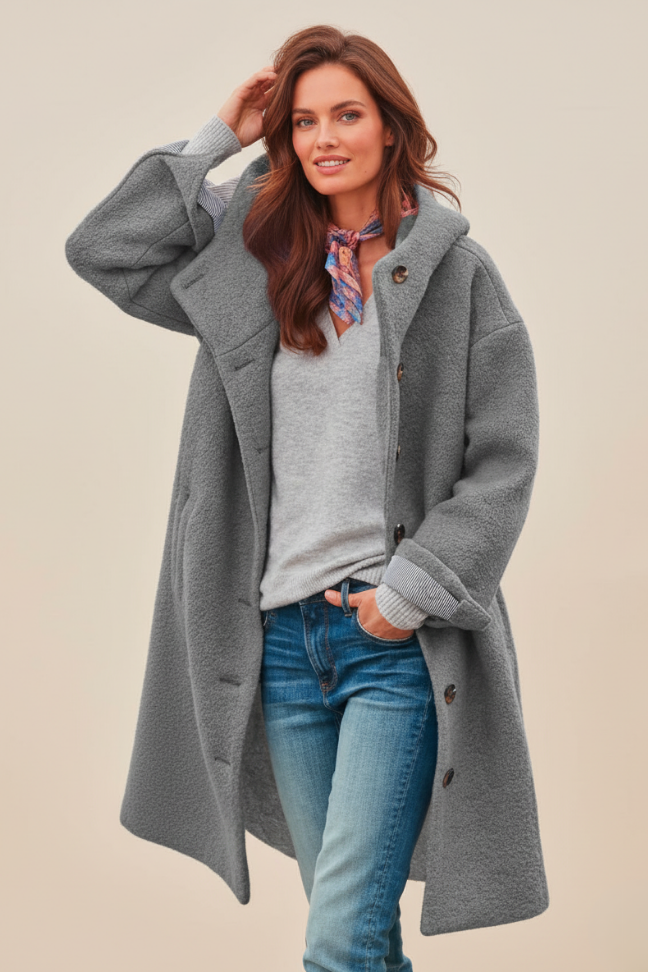 Fall Wool Blend Oversized Coat — Button-Front Hooded Outerwear