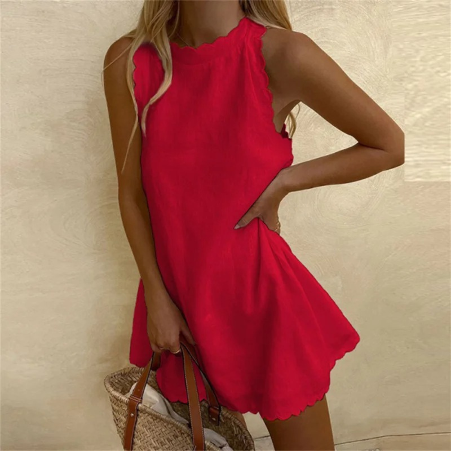 Womens Linen Summer Mini Dress Wavy Hem