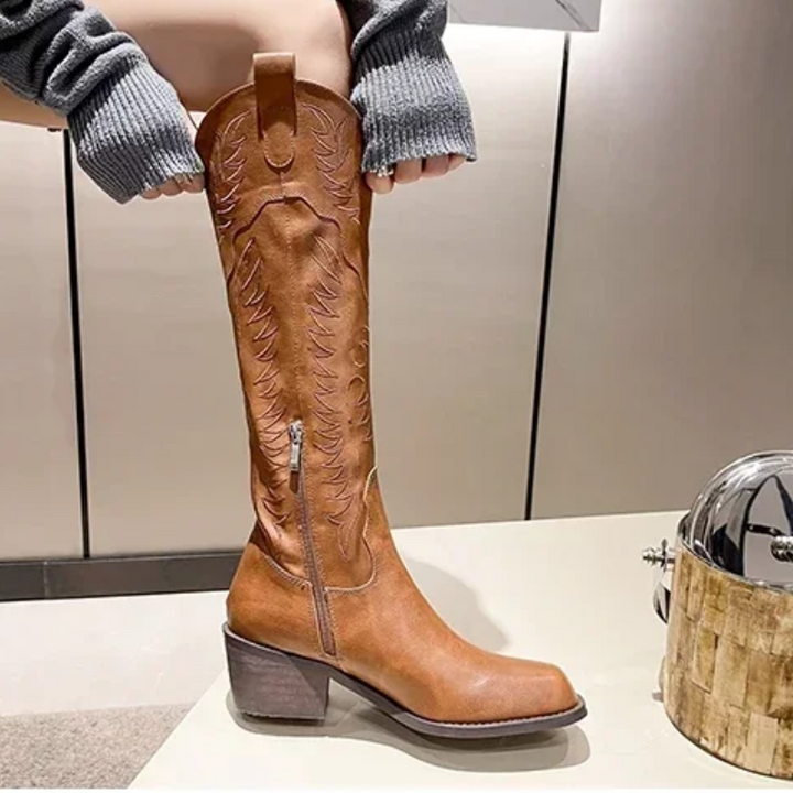 Knee High Western Cowboy Boots Block Heel Pointed Toe