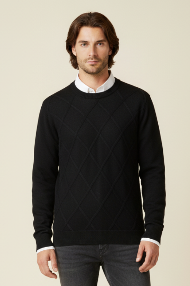 Fall Diamond Knit Cashmere Sweater — Classic Crew Neck Pullover for Layering