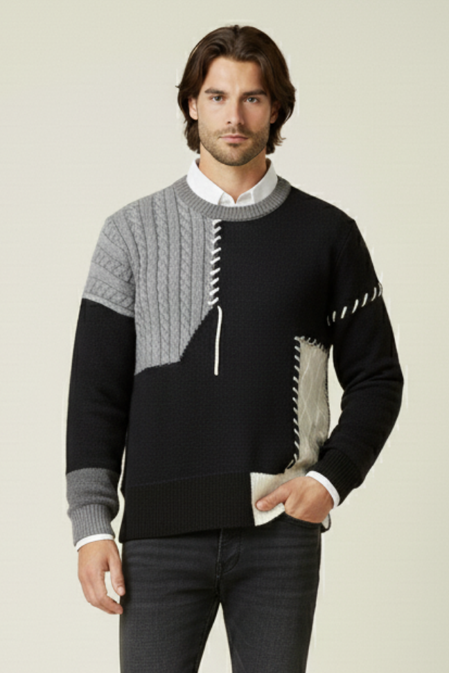 Fall Patchwork Knit Sweater — Textured Cable Stitch Pullover