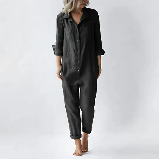 Cotton Linen Jumpsuit Button Front Pockets Vintage
