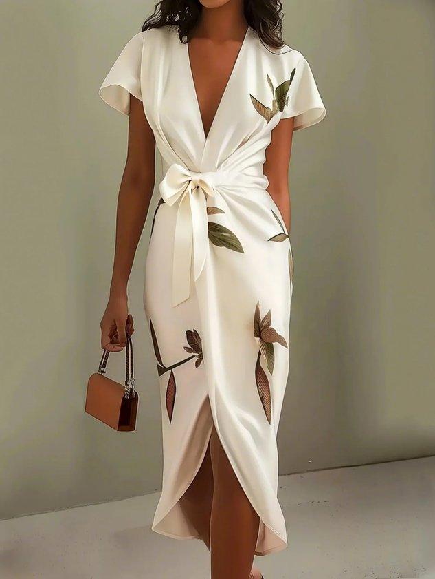 Wrap Dress V-Neck Flutter Sleeve Ribbon Belt Floral