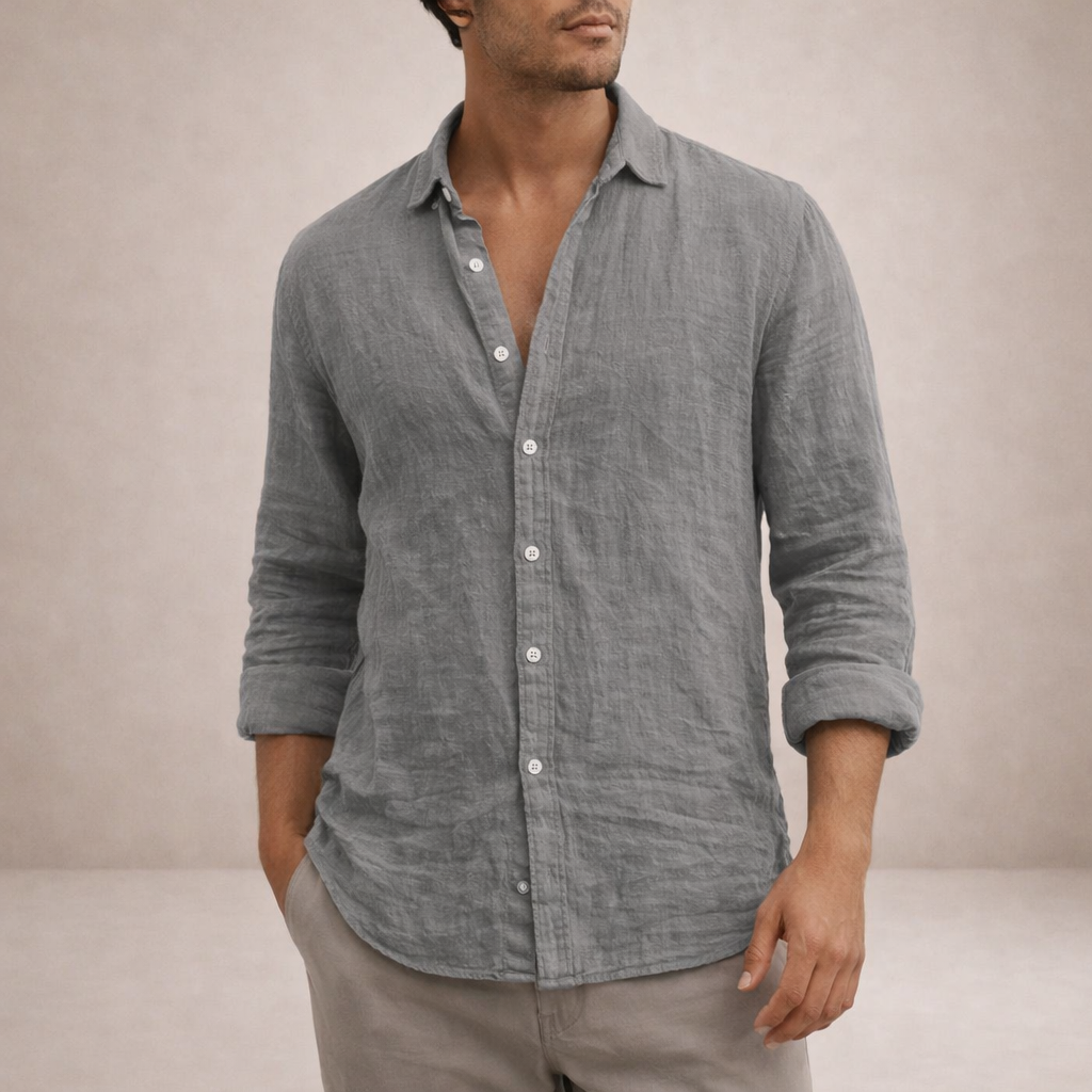Mens Linen Shirt Open Collar Long Sleeve Regular Fit