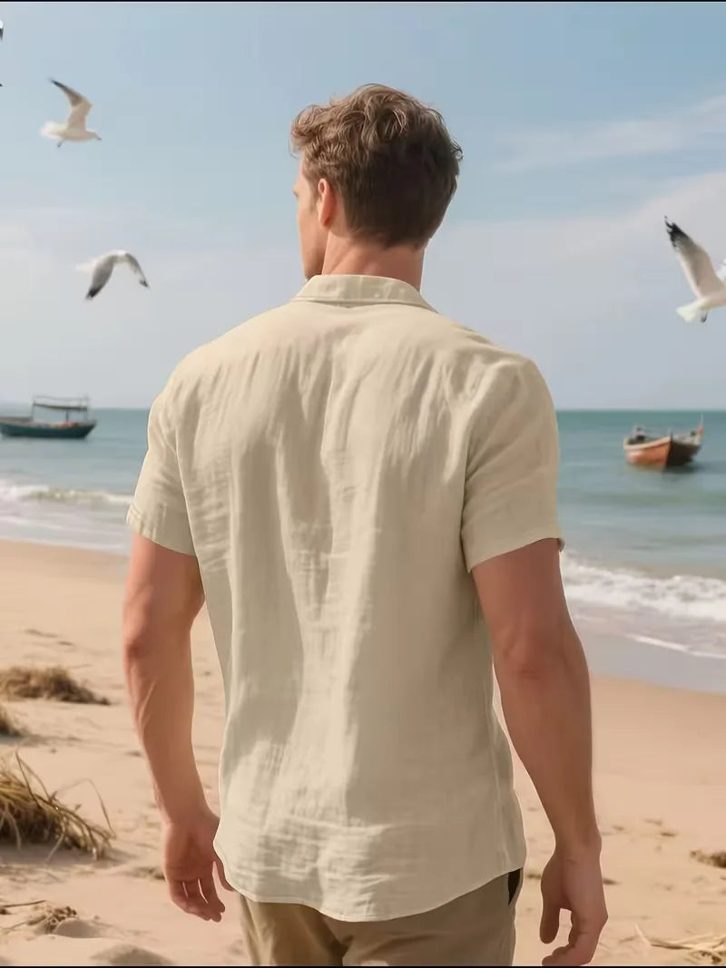 Mens Short Sleeve Linen Shirt Chest Pocket